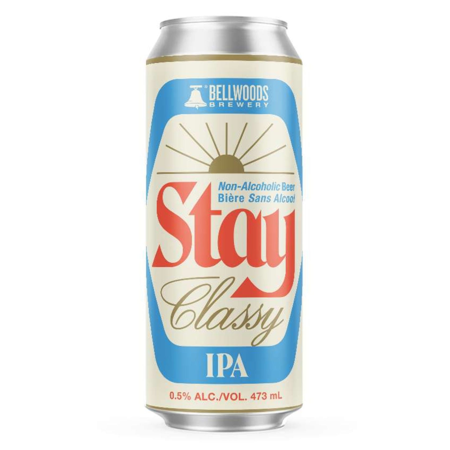 A silver aluminum can of Bellwoods Brewery Non-Alcoholic Beer Stay Classy stands upright against a white background. The can has a cream-colored label with a blue, rounded-edge rectangle in the center. Inside the blue shape, the word "Stay" is written in a stylized red font above "Classy" in a cursive red font. Above "Stay," smaller text reads "Non-Alcoholic Beer Bière Sans Alcool." Above this text is the Bellwoods Brewery logo.