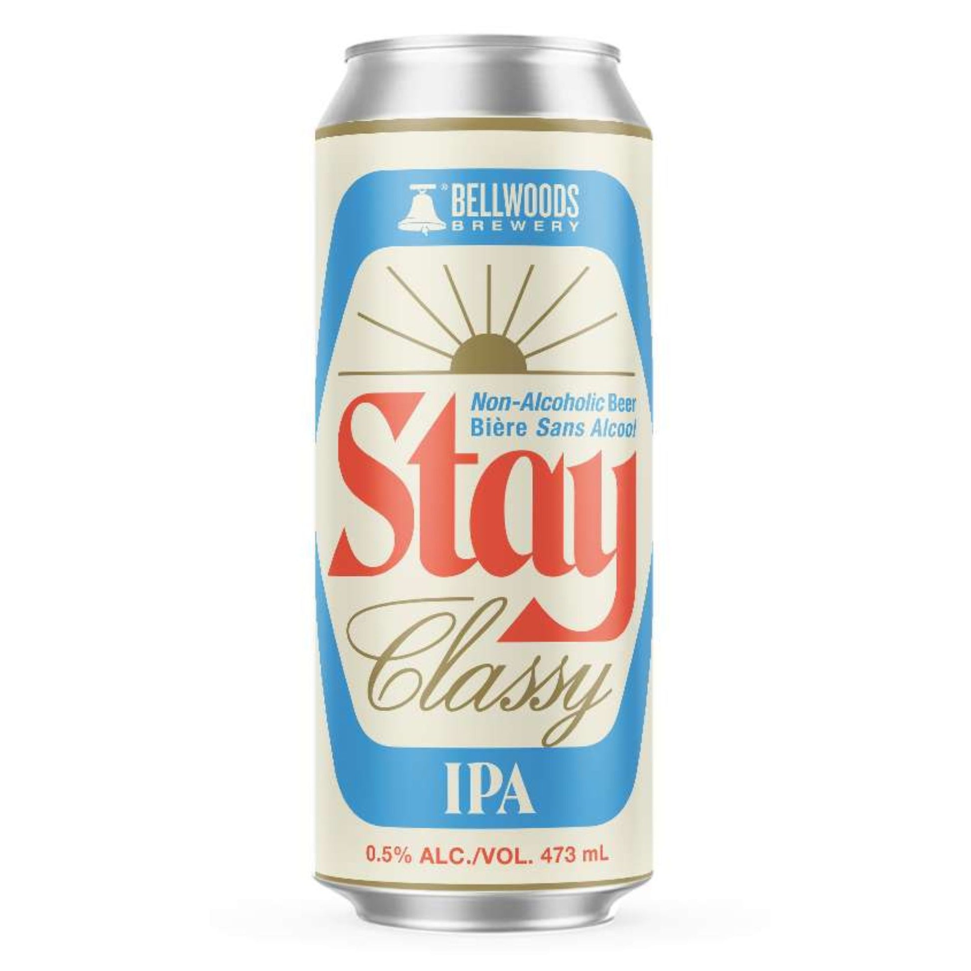 A silver aluminum can of Bellwoods Brewery Non-Alcoholic Beer Stay Classy stands upright against a white background. The can has a cream-colored label with a blue, rounded-edge rectangle in the center. Inside the blue shape, the word "Stay" is written in a stylized red font above "Classy" in a cursive red font. Above "Stay," smaller text reads "Non-Alcoholic Beer Bière Sans Alcool." Above this text is the Bellwoods Brewery logo.