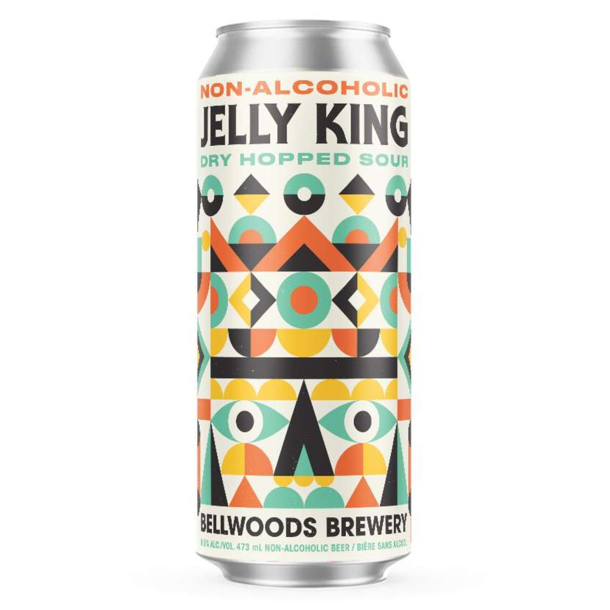 A single, silver aluminum can of Bellwoods Brewery Non-Alcoholic Jelly King Dry Hopped Sour stands upright against a plain white background. The can features a vibrant and geometric design using shades of light yellow, white, teal, orange, black, and light blue. The words "NON-ALCOHOLIC" appear in smaller orange lettering above the larger, bold teal text "JELLY KING". Below that, in a smaller light blue font, it reads "DRY HOPPED SOUR".