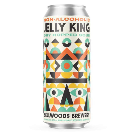 A single, silver aluminum can of Bellwoods Brewery Non-Alcoholic Jelly King Dry Hopped Sour stands upright against a plain white background. The can features a vibrant and geometric design using shades of light yellow, white, teal, orange, black, and light blue. The words "NON-ALCOHOLIC" appear in smaller orange lettering above the larger, bold teal text "JELLY KING". Below that, in a smaller light blue font, it reads "DRY HOPPED SOUR".