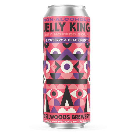 A single, silver aluminum can of Bellwoods Brewery Non-Alcoholic Jelly King Dry Hopped Sour Raspberry & Blackberry stands upright against a plain white background. The can features a vibrant and geometric design using shades of pink, purple, black, and white. The words "NON-ALCOHOLIC" appear in smaller pink lettering above the larger, bold pink text "JELLY KING". Below that, in a smaller purple font, it reads "DRY HOPPED SOUR" and then "RASPBERRY & BLACKBERRY" in a slightly larger pink font.