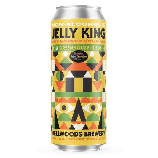 A 473mL can of Bellwoods Brewery Non-Alcoholic Jelly King Dry Hopped Sour Ale, a collaboration with Greenhouse Juice, featuring flavours of tangerine, ginger, lemon zest, and turmeric, is displayed against a white background. The can is predominantly yellow with a colourful, geometric pattern in shades of orange, green, black, and white. The words "NON-ALCOHOLIC JELLY KING DRY HOPPED SOUR ALE X GREENHOUSE JUICE" are prominent at the top of the can, with "Tangerine, Ginger, Lemon Zest & Turmeric" below.