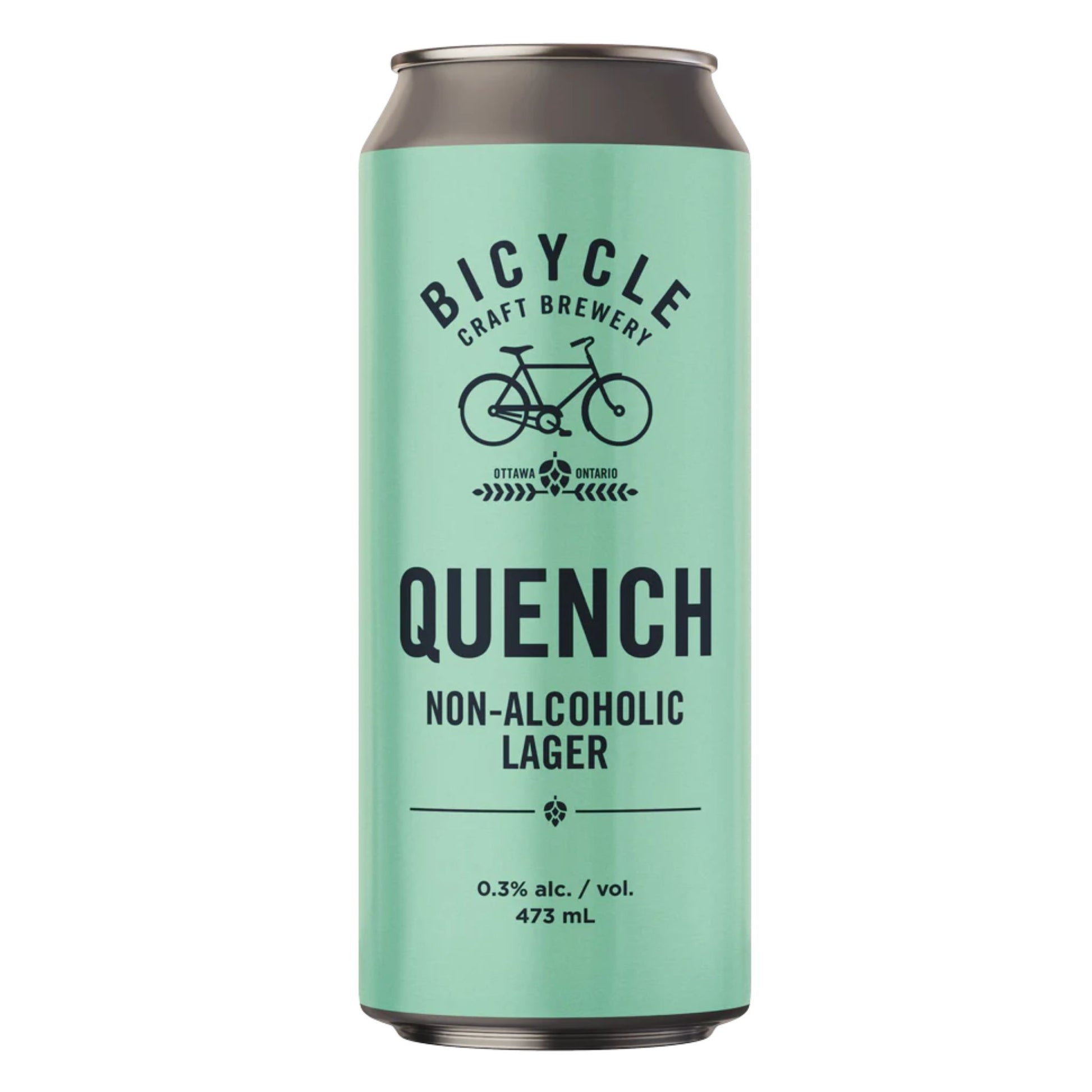A single 473 mL can of Bicycle Craft Brewery Quench Non-Alcoholic Lager. The can is a solid mint green color with a black logo featuring a bicycle and the text "BICYCLE CRAFT BREWERY OTTAWA ONTARIO". Below the logo, large black text reads "QUENCH NON-ALCOHOLIC LAGER". A small hop cone icon separates this from the text "0.3% alc./vol. 473 mL" at the bottom. The background is plain white.
