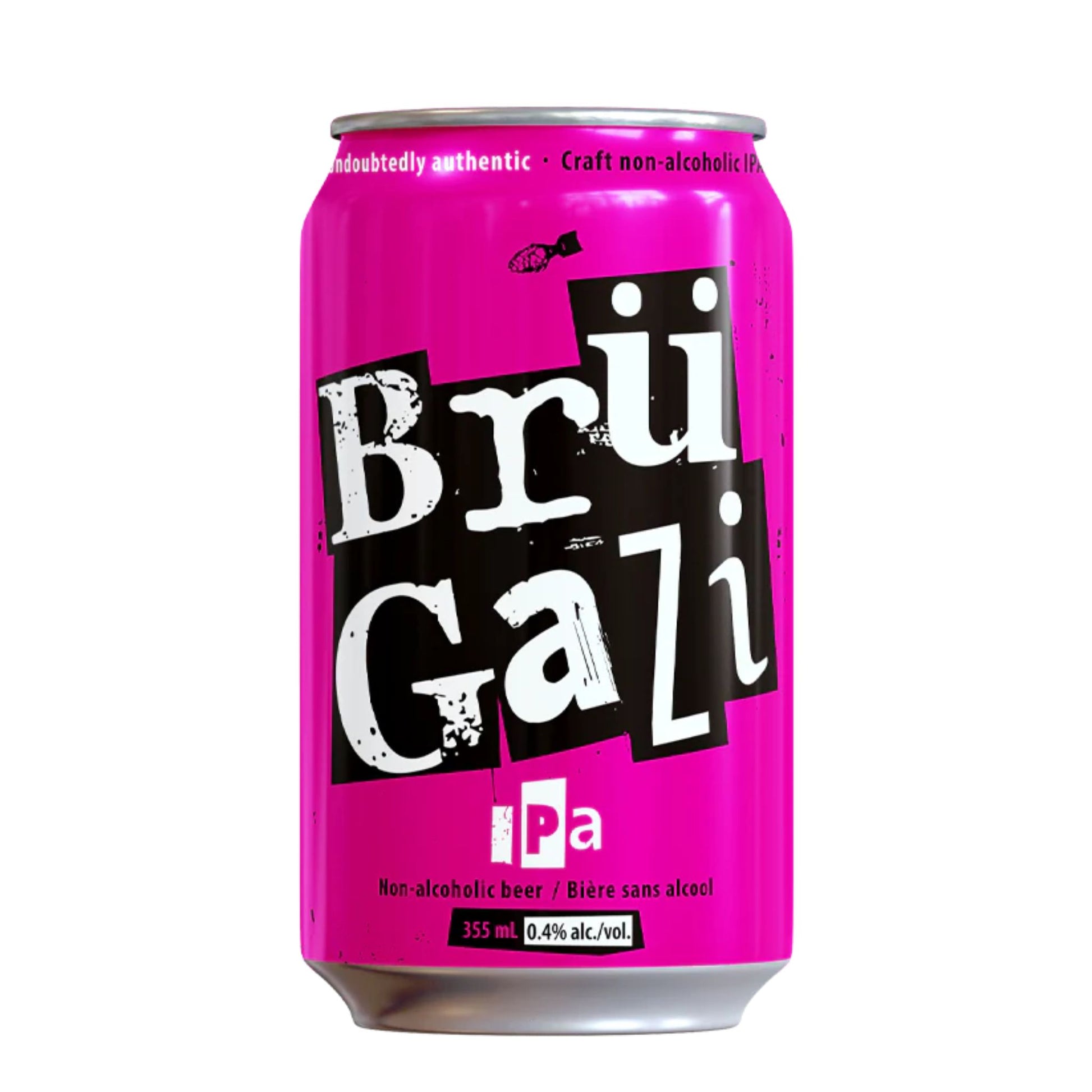 A pink can with a white label featuring the Brü Gazi logo in black and white. The text "Undoubtedly authentic - Craft non-alcoholic IPA" is also on the label. The can size is 355 mL and the alcohol content is 0.4% ABV.