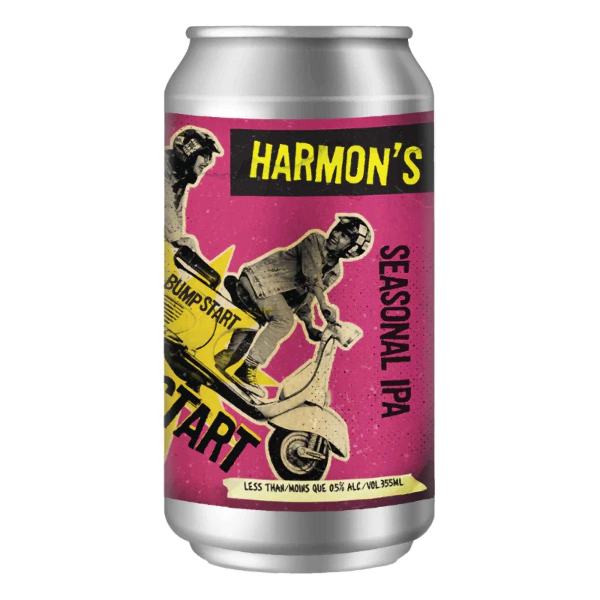 A can of Bump Start Non-Alcoholic IPA, a refreshing and flavorful craft beer alternative from Harmon's Brewing Co. The eye-catching can design features a vibrant pink background and a retro-inspired scooter image. Bump Start is a vegan and gluten-free option, perfect for those seeking a delicious and responsible beverage choice.