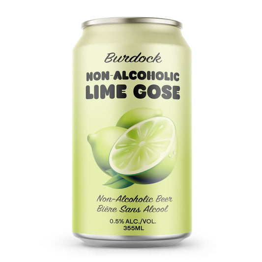 A pale green can of Burdock Brewery Non-Alcoholic Lime Gose. The can's label features a large, detailed graphic of two limes, one whole and one cut in half, with green leaves. "Burdock" is written in black script at the top. Below the brand name, "NON-ALCOHOLIC" is in a plain black font, and "LIME GOSE" is in a bold font. The can specifies "0.5% alc./vol." and "355ML" at the bottom. The background is a solid white.