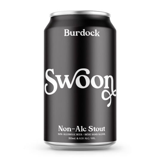 A black can of Burdock Brewery Swoon non-alcoholic stout. The can has a simple, clean design with "Burdock" in a white font at the top. Below, "Swoon" is written in a large, elegant white script. The words "Non-Alc Stout" are printed in a smaller white font, followed by "NON-ALCOHOLIC BEER / BIÈRE SANS ALCOOL" and "355mL & 0.5% ALC./VOL." at the bottom. The background is a solid white.