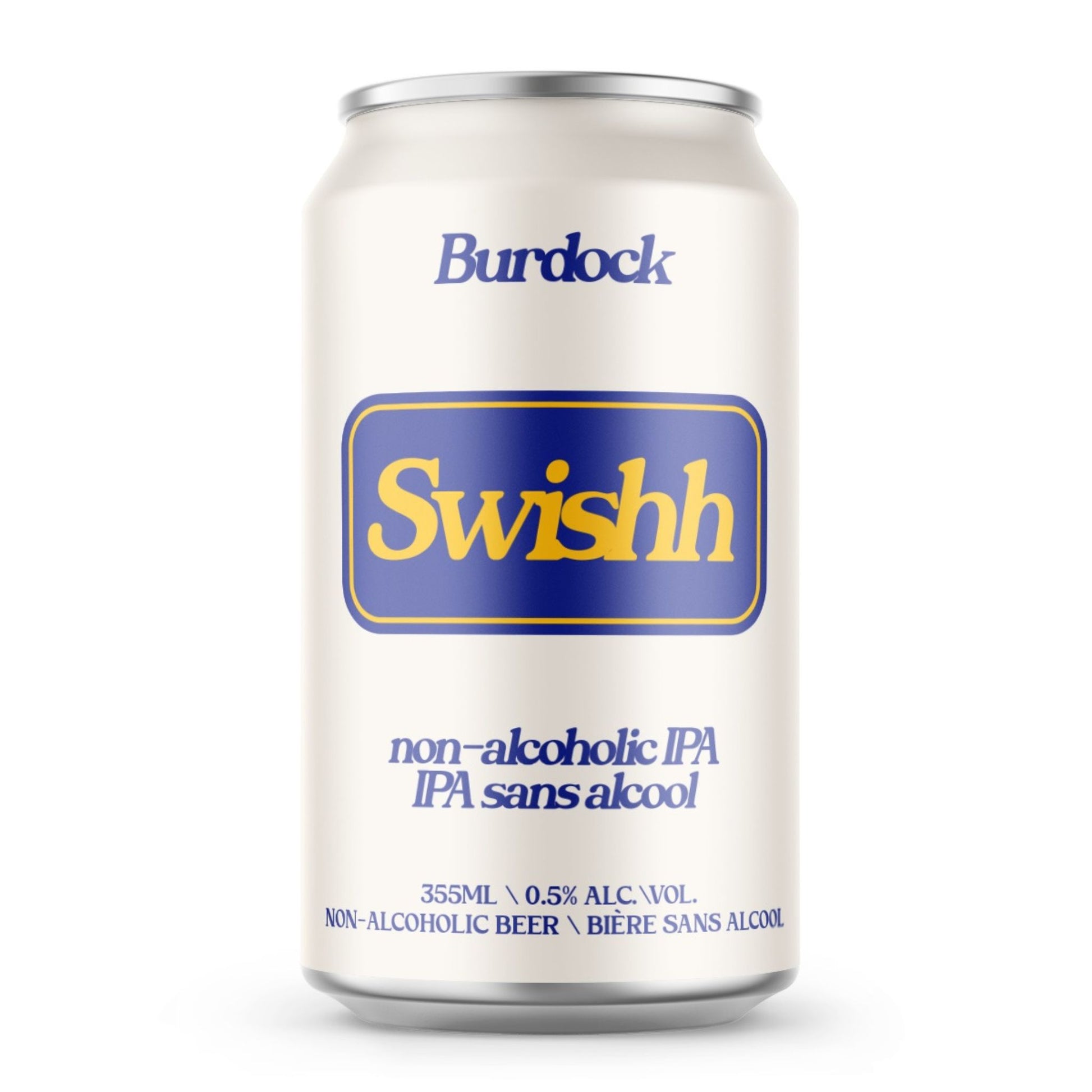A white can of Burdock Brewery Swishh non-alcoholic IPA. The can has a clean design with "Burdock" in a dark blue font at the top. A rectangular blue box in the center features "Swishh" in a yellow script font. Below this, "non-alcoholic IPA" and "IPA sans alcool" are written in blue. At the bottom, the can specifies "355ml," "0.5% alc/vol," and "NON-ALCOHOLIC BEER". The background is a solid white.