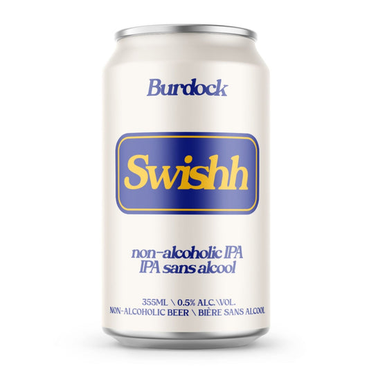 A white can of Burdock Brewery Swishh non-alcoholic IPA. The can has a clean design with "Burdock" in a dark blue font at the top. A rectangular blue box in the center features "Swishh" in a yellow script font. Below this, "non-alcoholic IPA" and "IPA sans alcool" are written in blue. At the bottom, the can specifies "355ml," "0.5% alc/vol," and "NON-ALCOHOLIC BEER". The background is a solid white.