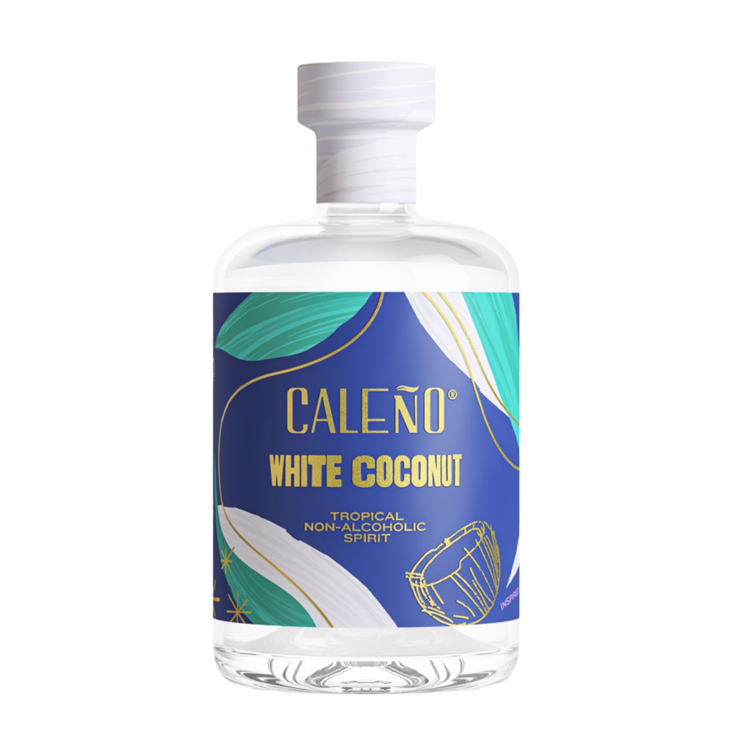 Clear glass bottle of Caleño White Coconut Tropical Non-Alcoholic Spirit featuring a vibrant blue label with gold text. The text reads "CALEÑO WHITE COCONUT TROPICAL NON-ALCOHOLIC SPIRIT." The bottle has a white cap and is set against a white background with a gold starburst accent.