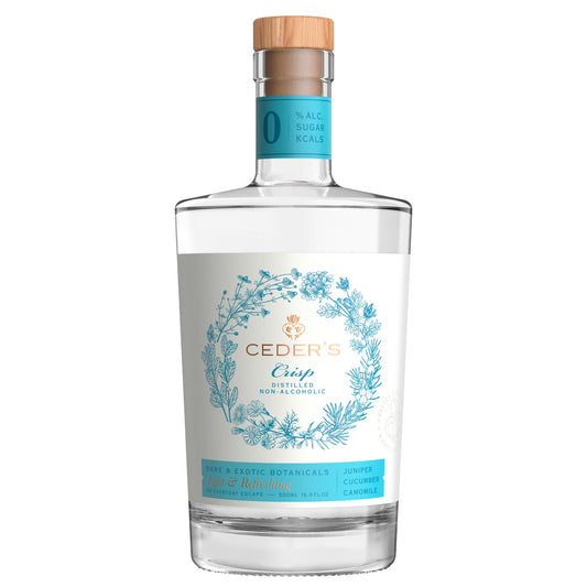 A photo of a bottle of Ceder's Crisp handcrafted with rare and exotic botanicals. Distilled non-alcoholic spirit with juniper, cucumber, and camomile. Ceder's can be bought at Knyota Non-Alcoholic Drinks from knyota.com
