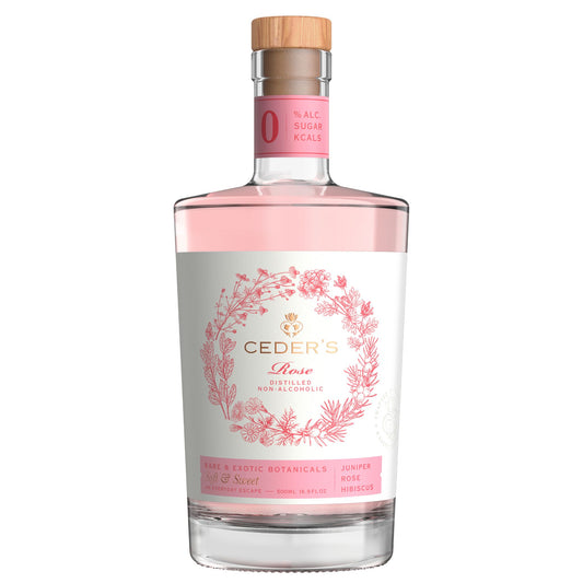 A photo of a bottle of Ceder's Pink Rose handcrafted with rare and exotic botanicals. Distilled non-alcoholic spirit with juniper, rose, and hibiscus. Ceder's is available for sale at Knyota Non-Alcoholic Drinks from knyota.com