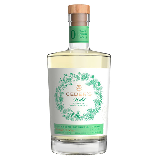 A photo of a bottle of Ceder's Wild handcrafted with rare and exotic botanicals. Distilled non-alcoholic spirit with juniper, clove, and rooibos. Ceder's is available for purchase at Knyota Non-Alcoholic Drinks from knyota.com