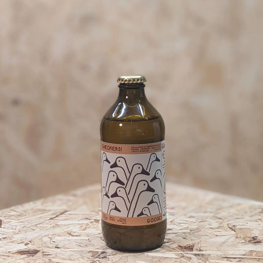 A brown glass bottle of Checkers! Goose drink with a light liquid, featuring a label with a pattern of black and white goose illustrations.