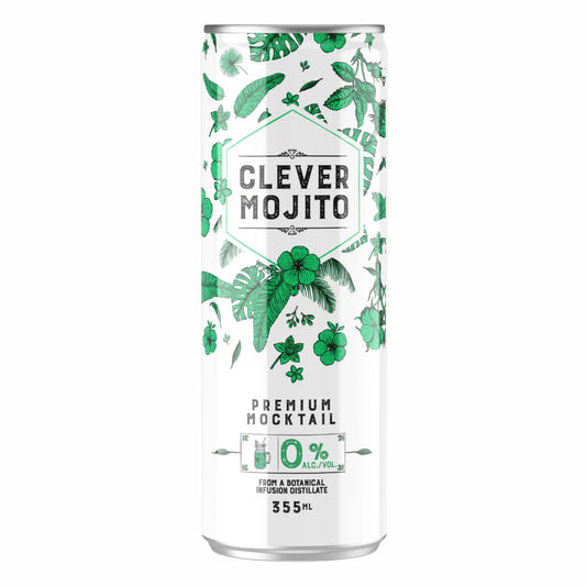 Image of the Clever Mocktails Premium Mojito, a sophisticated non-alcoholic beverage packaged in a sleek, white 355mL aluminum can. The design features a crisp, botanical theme with vibrant green tropical and mint leaves surrounding the central "CLEVER MOJITO" title. Key product details, including "PREMIUM MOCKTAIL" and "0% ALC/VOL", are displayed, highlighting that the drink is crafted from a botanical infusion distillate for a refreshing, zero-proof alternative to the classic cocktail. Made in Quebec.