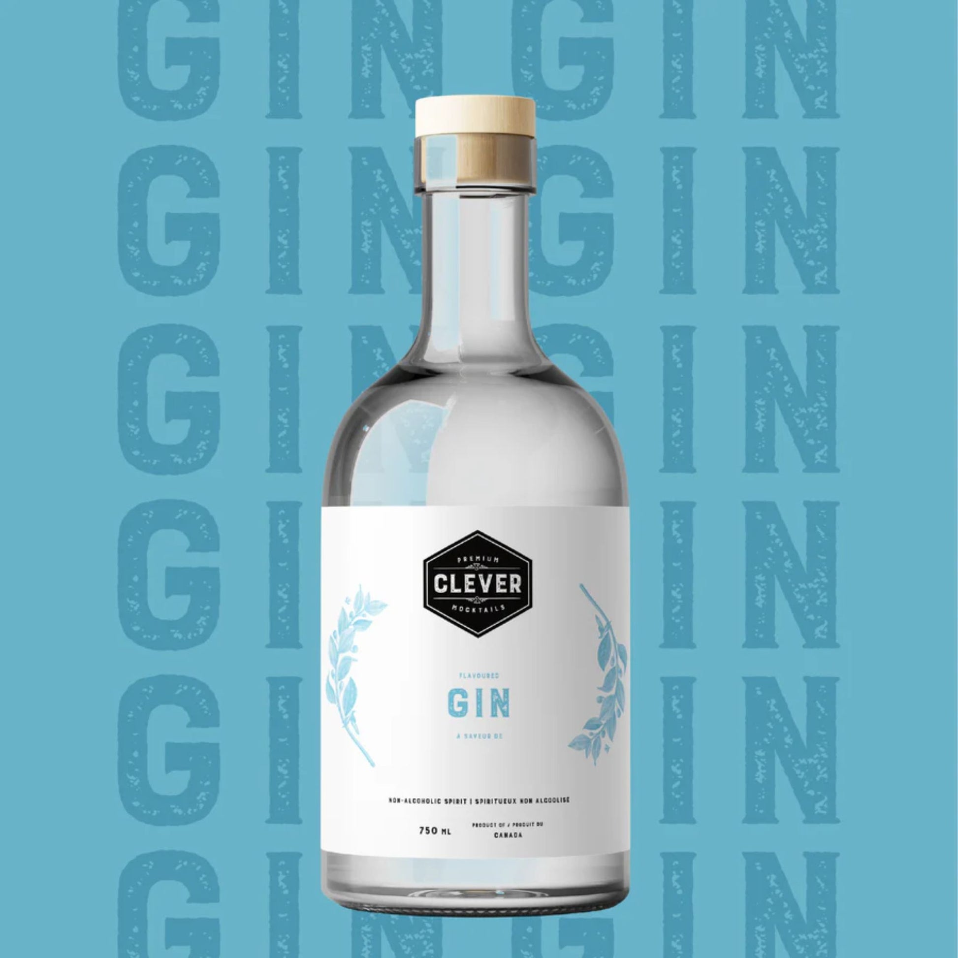 A clear 750 mL glass bottle of Clever Premium Mocktails GIN, a non-alcoholic botanical spirit made in Canada. The bottle has a minimalist white label featuring a black hexagonal logo, light blue botanical wreath illustrations, and bold blue text reading "GIN". It is sealed with a natural wood-finish topper and set against a light blue background patterned with a repeating, textured "GIN" typeface.
