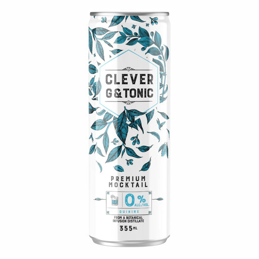 Image of the Clever Mocktails Premium G&Tonic, a sophisticated non-alcoholic beverage packaged in a sleek, white 355mL aluminum can. The design features an elegant blue-teal botanical pattern of leaves and juniper berries, framing the central "CLEVER G&TONIC" title. Key features, including "PREMIUM MOCKTAIL" and "0% ALC/VOL", are displayed, along with the ingredient QUININE, confirming the drink is crafted from a botanical infusion distillate for a complex, zero-proof G&T experience. Made in Quebec