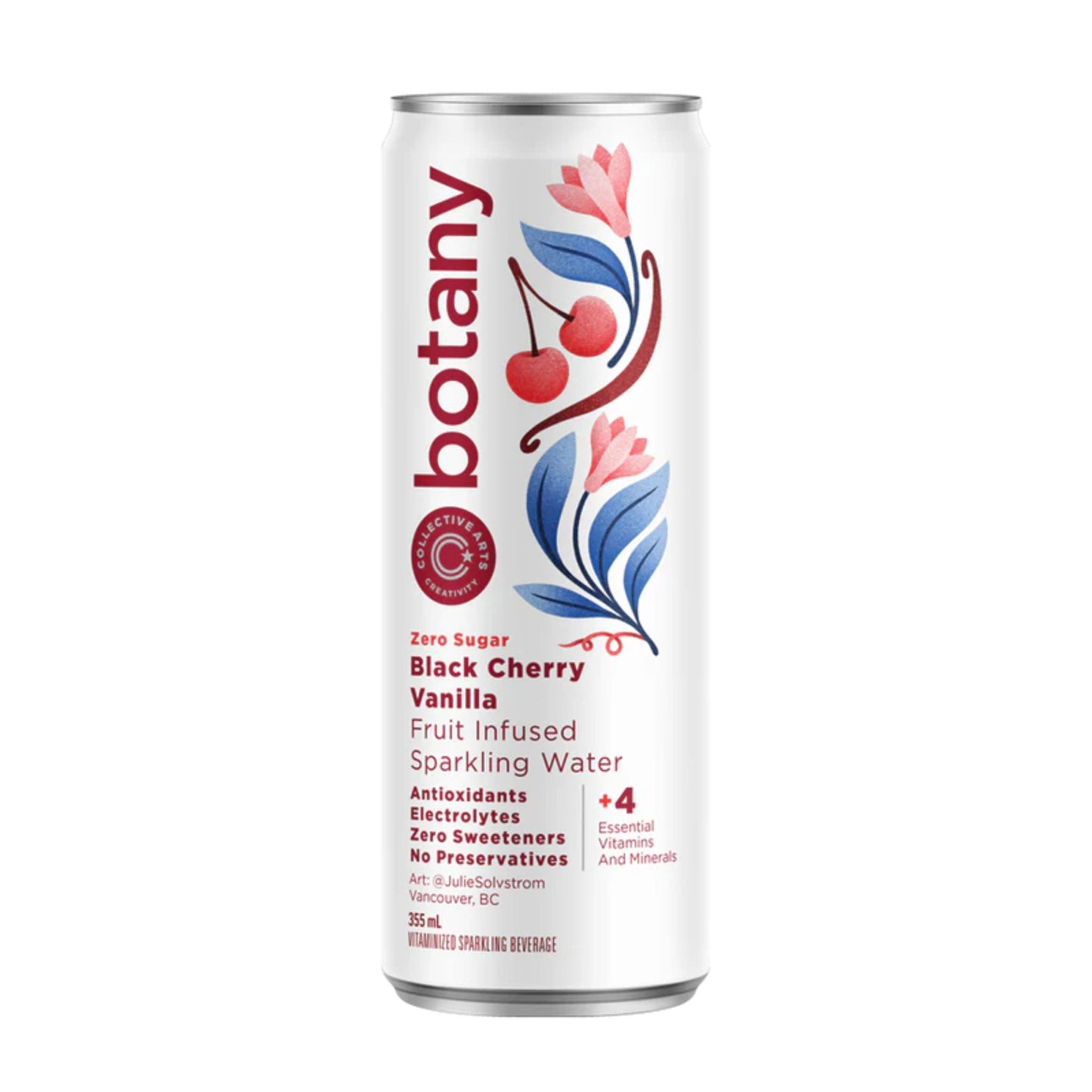 A white can of Collective Arts Botany Sparkling Water with a black cherry and vanilla flavor. The can features a floral design with illustrations of cherries, blossoms, and leaves. The text "Zero Sugar Black Cherry Vanilla Fruit Infused Sparkling Water" is printed on the label. The label also highlights "Antioxidants," "Electrolytes," "Zero Sweeteners," and "No Preservatives". "355 mL" is at the bottom. The background is a solid white.