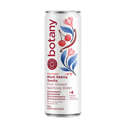 A white can of Collective Arts Botany Sparkling Water with a black cherry and vanilla flavor. The can features a floral design with illustrations of cherries, blossoms, and leaves. The text "Zero Sugar Black Cherry Vanilla Fruit Infused Sparkling Water" is printed on the label. The label also highlights "Antioxidants," "Electrolytes," "Zero Sweeteners," and "No Preservatives". "355 mL" is at the bottom. The background is a solid white.