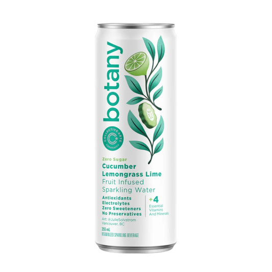 A white can of Collective Arts Botany Sparkling Water with a cucumber, lemongrass, and lime flavor. The label has a green floral design with illustrations of limes and cucumber slices. The text "Zero Sugar Cucumber Lemongrass Lime Fruit Infused Sparkling Water" is printed on the can. The label also highlights "Antioxidants," "Electrolytes," "Zero Sweeteners," and "No Preservatives".