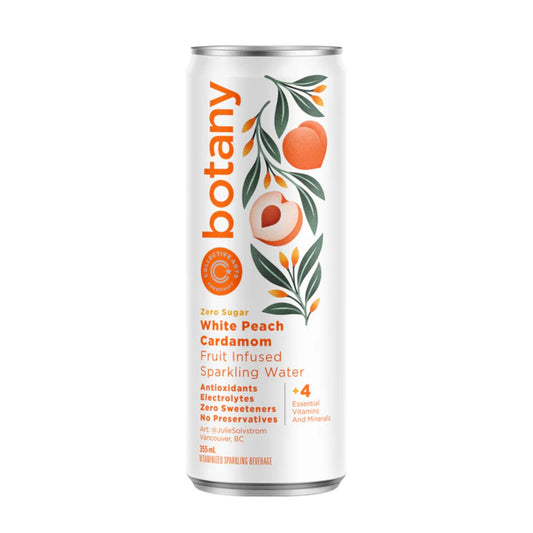 A white can of Collective Arts Botany Sparkling Water with a peach and cardamom flavor. The can features a floral design with illustrations of peaches and leaves. The text "Zero Sugar White Peach Cardamom Fruit Infused Sparkling Water" is printed on the label. "355 mL" and "Vitaminized Sparkling Beverage" are also visible at the bottom.