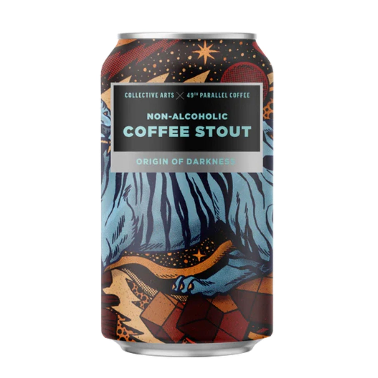 Front and back view of a Collective Arts Non-Alcoholic Coffee Stout can titled "Origin of Darkness," a collaboration with 49th Parallel Coffee Roasters. The can features surreal artwork by Pedro Correa depicting a stylized blue tiger amidst orange geometric shapes and a starry background. Label details include "0.4% ALC./VOL," "Bean Origin: Brazil," and the "Proudly Canadian" logo.