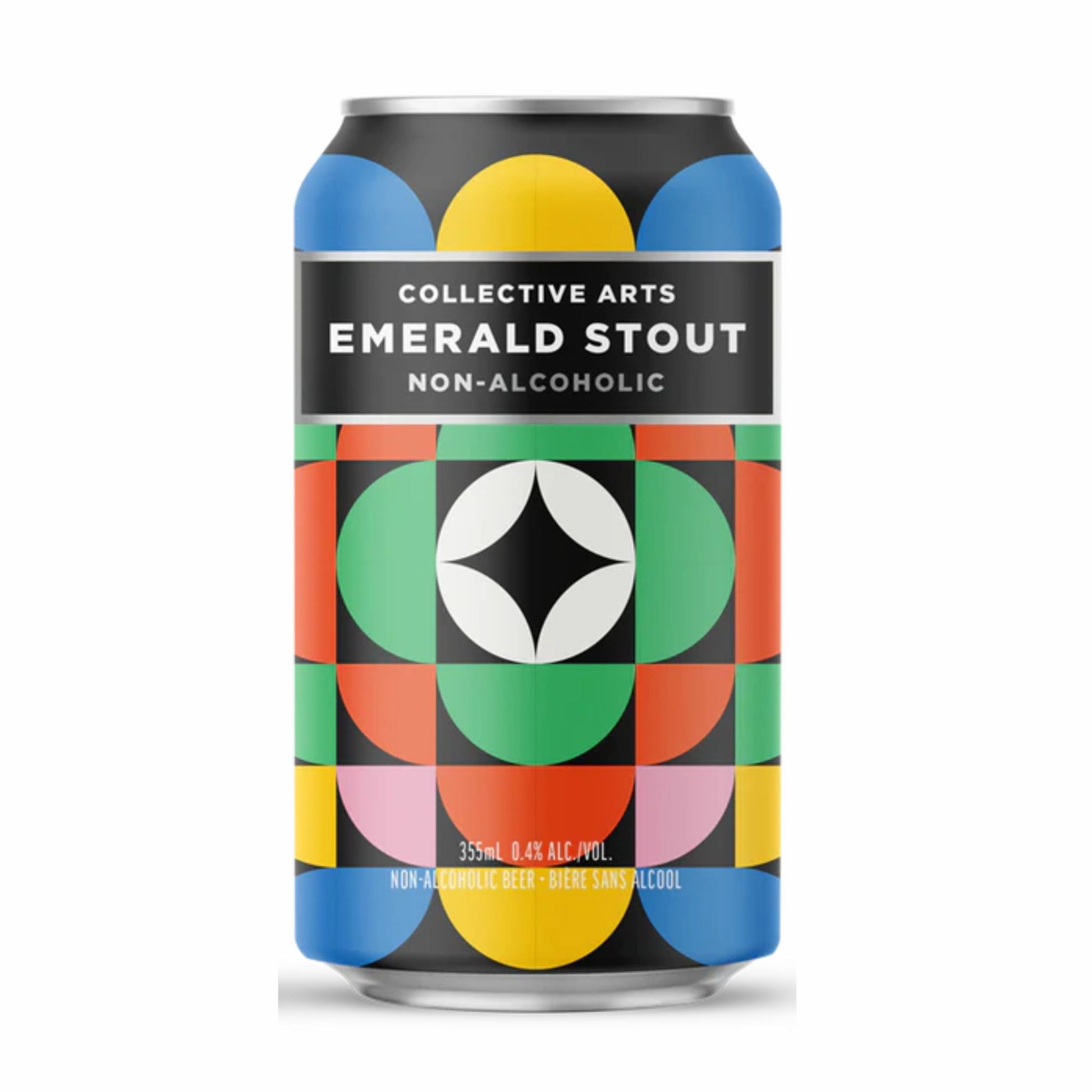 Front view of a Collective Arts Non-Alcoholic Emerald Stout can. The label features vibrant geometric artwork with repeating green, orange, blue, and yellow circular shapes on a black background. Text details include "Non-Alcoholic," "Emerald Stout," and "0.4% ALC./VOL