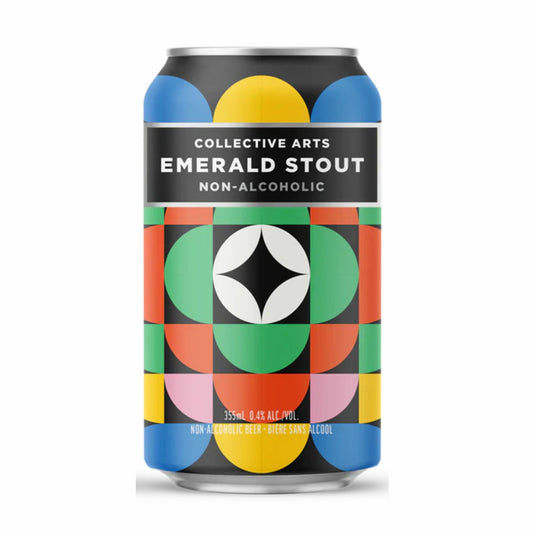 Front view of a Collective Arts Non-Alcoholic Emerald Stout can. The label features vibrant geometric artwork with repeating green, orange, blue, and yellow circular shapes on a black background. Text details include "Non-Alcoholic," "Emerald Stout," and "0.4% ALC./VOL