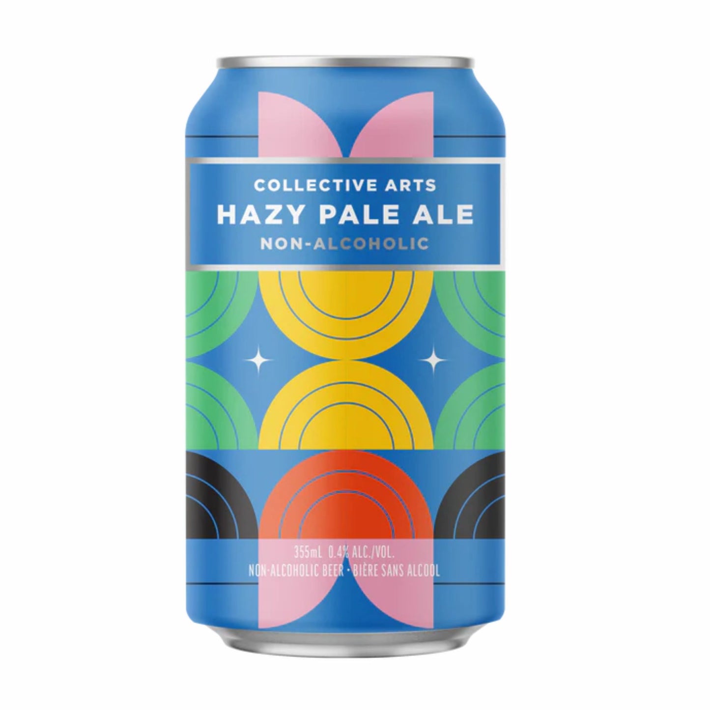 Front and back view of a Collective Arts Non-Alcoholic Hazy Pale Ale can. The label features abstract geometric artwork by Toronto artist @glideandglow, displaying colorful arches in pink, yellow, and green on a blue background. Text details include "0.4% ALC./VOL," "Bière Sans Alcool," and the "Art + Brewing" manifesto.