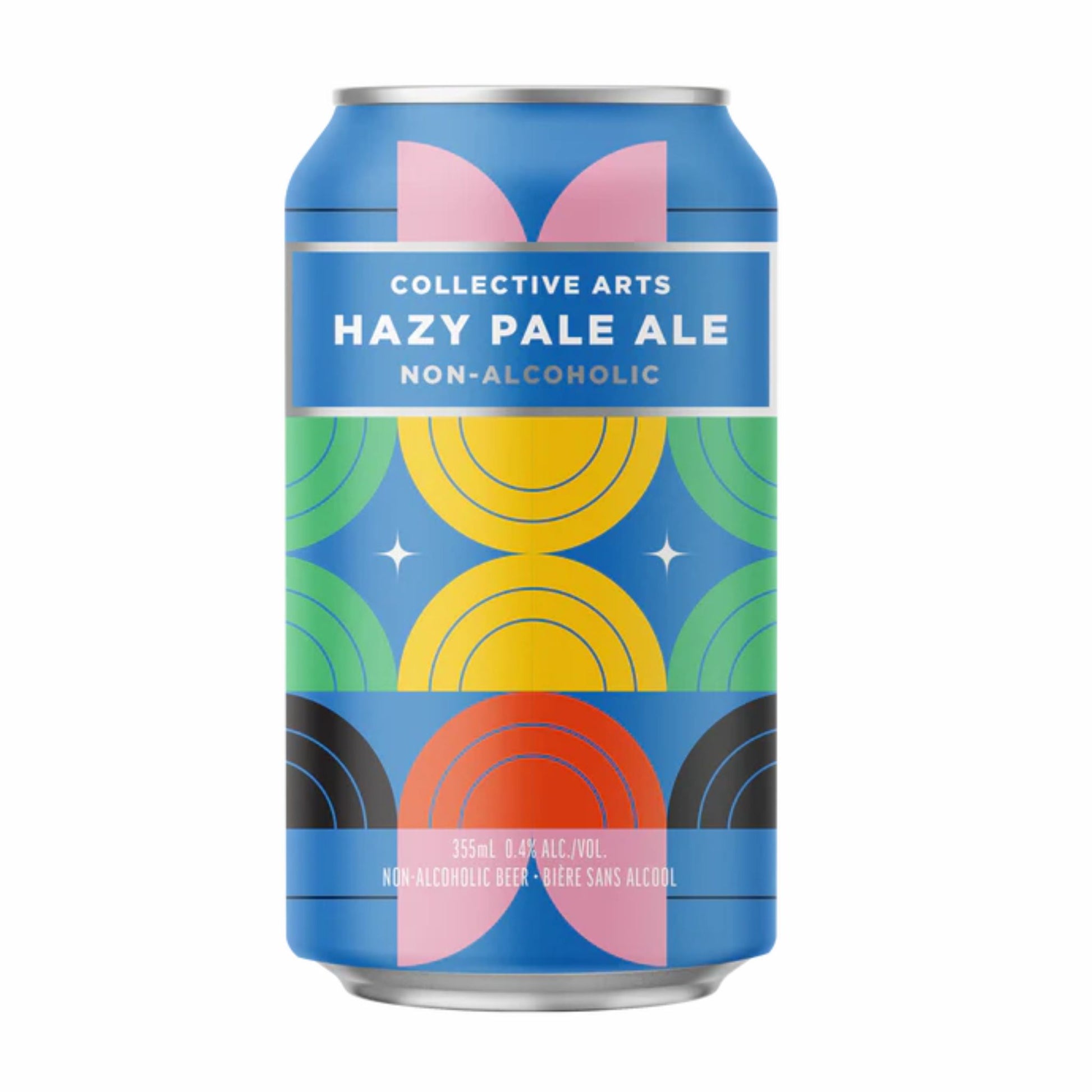 Front and back view of a Collective Arts Non-Alcoholic Hazy Pale Ale can. The label features abstract geometric artwork by Toronto artist @glideandglow, displaying colorful arches in pink, yellow, and green on a blue background. Text details include "0.4% ALC./VOL," "Bière Sans Alcool," and the "Art + Brewing" manifesto.