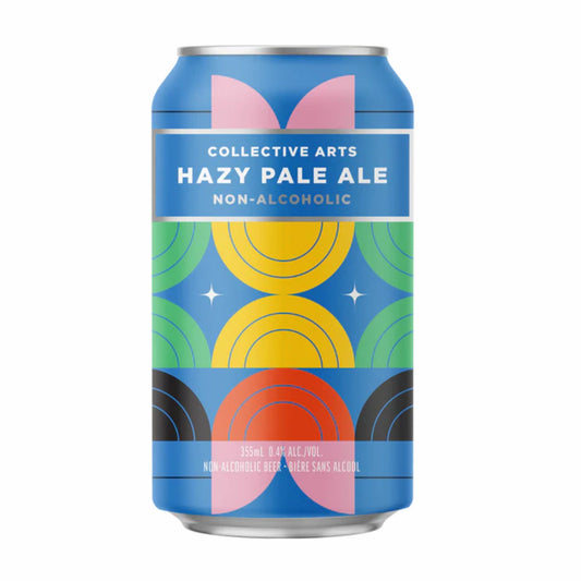Front and back view of a Collective Arts Non-Alcoholic Hazy Pale Ale can. The label features abstract geometric artwork by Toronto artist @glideandglow, displaying colorful arches in pink, yellow, and green on a blue background. Text details include "0.4% ALC./VOL," "Bière Sans Alcool," and the "Art + Brewing" manifesto.