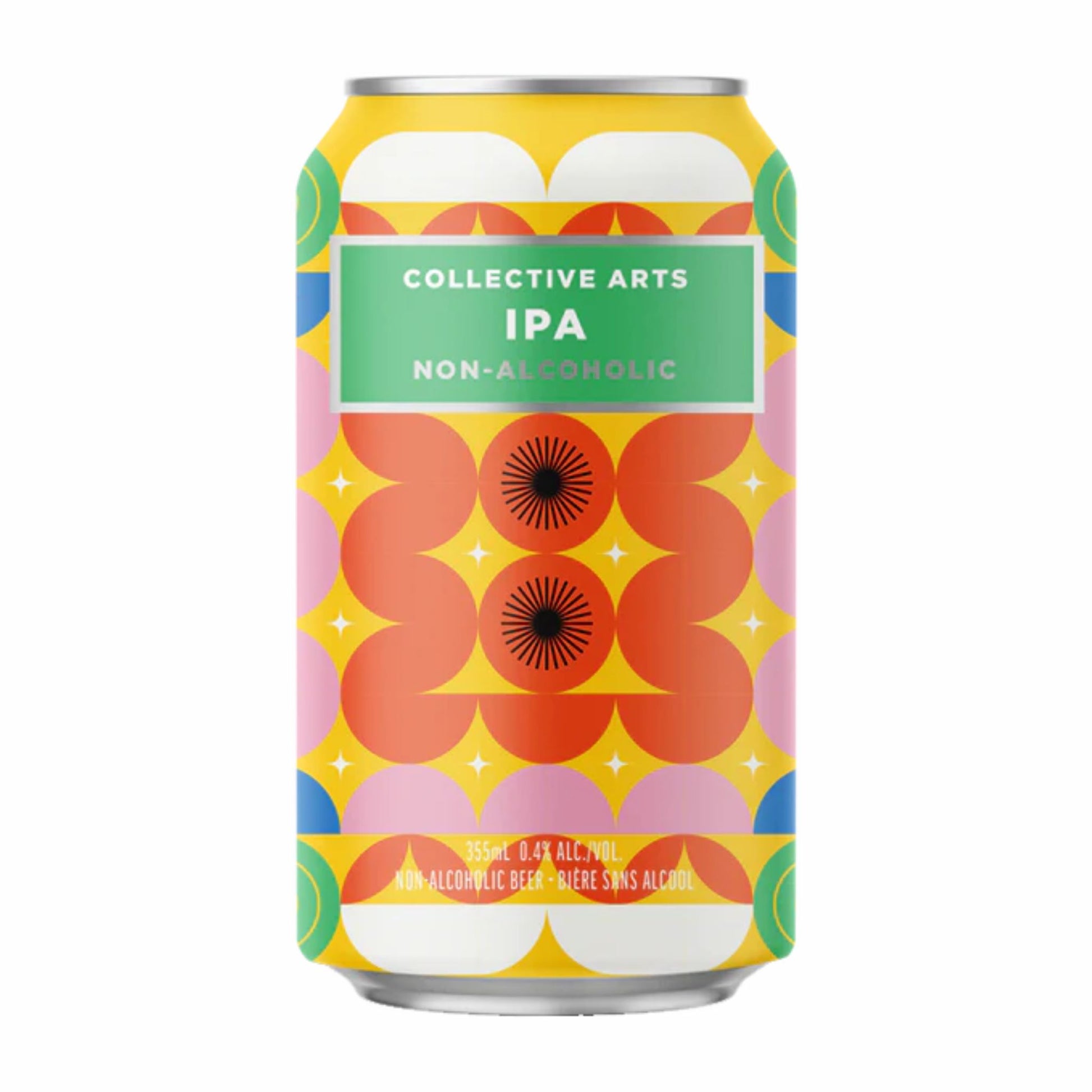 Front and back view of a Collective Arts Non-Alcoholic IPA can. The label displays vibrant, retro-style geometric artwork with orange and pink radial patterns on a yellow background by Toronto artist @glideandglow. Text details include "IPA," "Non-Alcoholic Beer," "Bière Sans Alcool," and "0.4% ALC./VOL