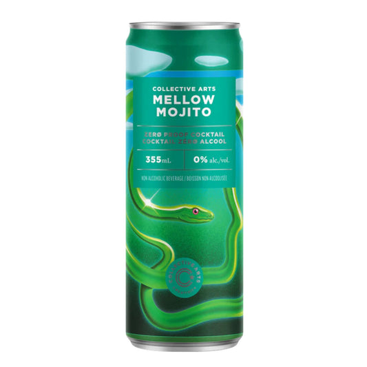 Front and back view of a Collective Arts Mellow Mojito Zero Proof Cocktail can. The green label features artwork by Kansas City artist Zac Thompson depicting a stylized green snake. Text details include "Sparkling Cocktail," "0% alc./vol," and the Nutrition Facts table showing 20 calories per can.
