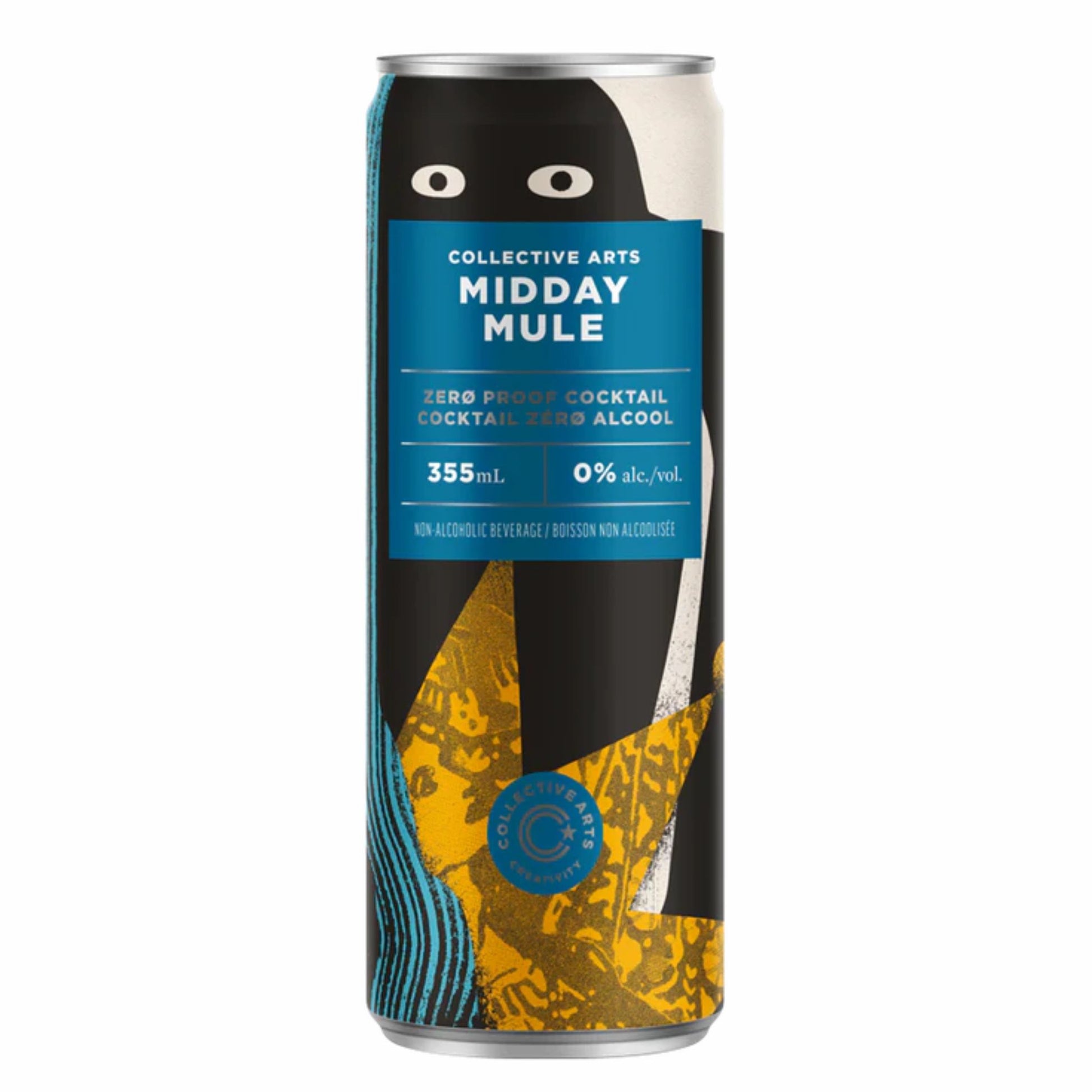 Front and back view of a Collective Arts Midday Mule Zero Proof Cocktail can. The label features abstract, minimalist artwork by Helvetica Blanc showing a stylized, black figure with large white eyes against a blue and gold background. Text details include "0% alc./vol," "Cocktail Zéro Alcool," and Nutrition Facts showing 25 calories with lime juice concentrate.
