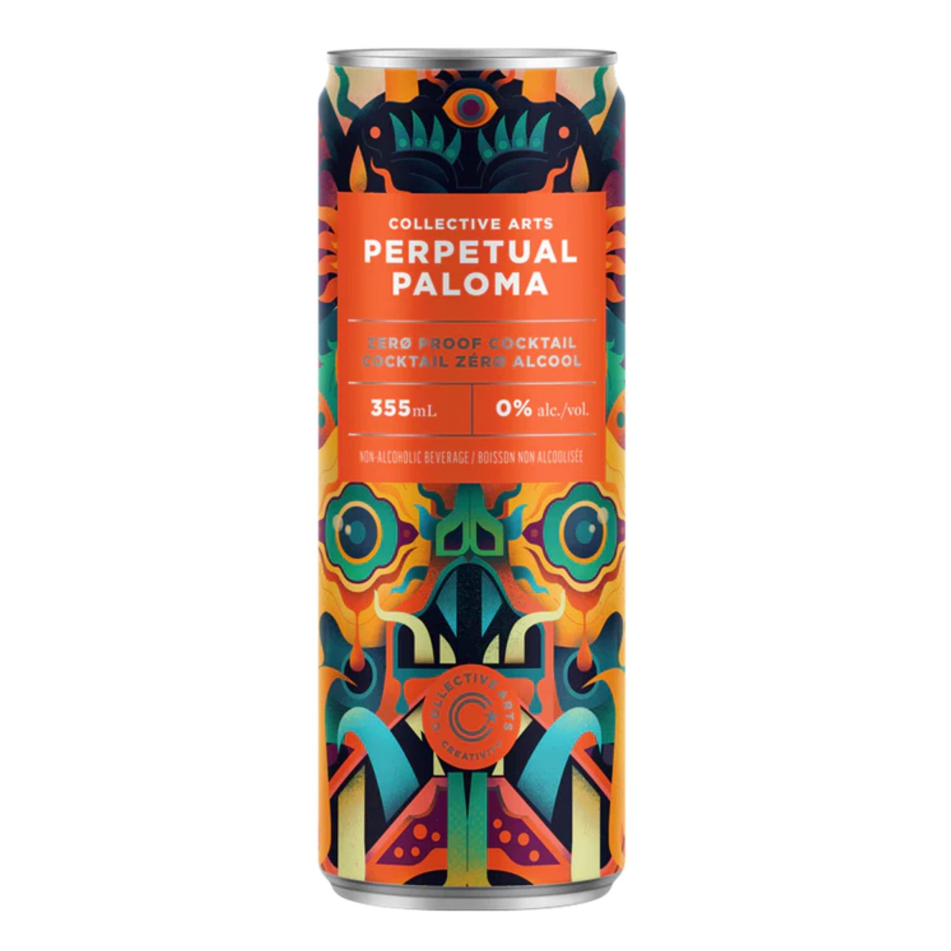 Front and back view of a Collective Arts Perpetual Paloma Zero Proof Cocktail can. The vibrant label features surreal, psychedelic artwork by Paris-based artist Niark1 (@niark1), depicting a stylized, multi-eyed creature in orange, teal, and dark blue. Text details include "0% alc./vol," "Cocktail Zéro Alcool," and a Nutrition Facts table highlighting 45 calories and ingredients like grapefruit and lime juice concentrate.