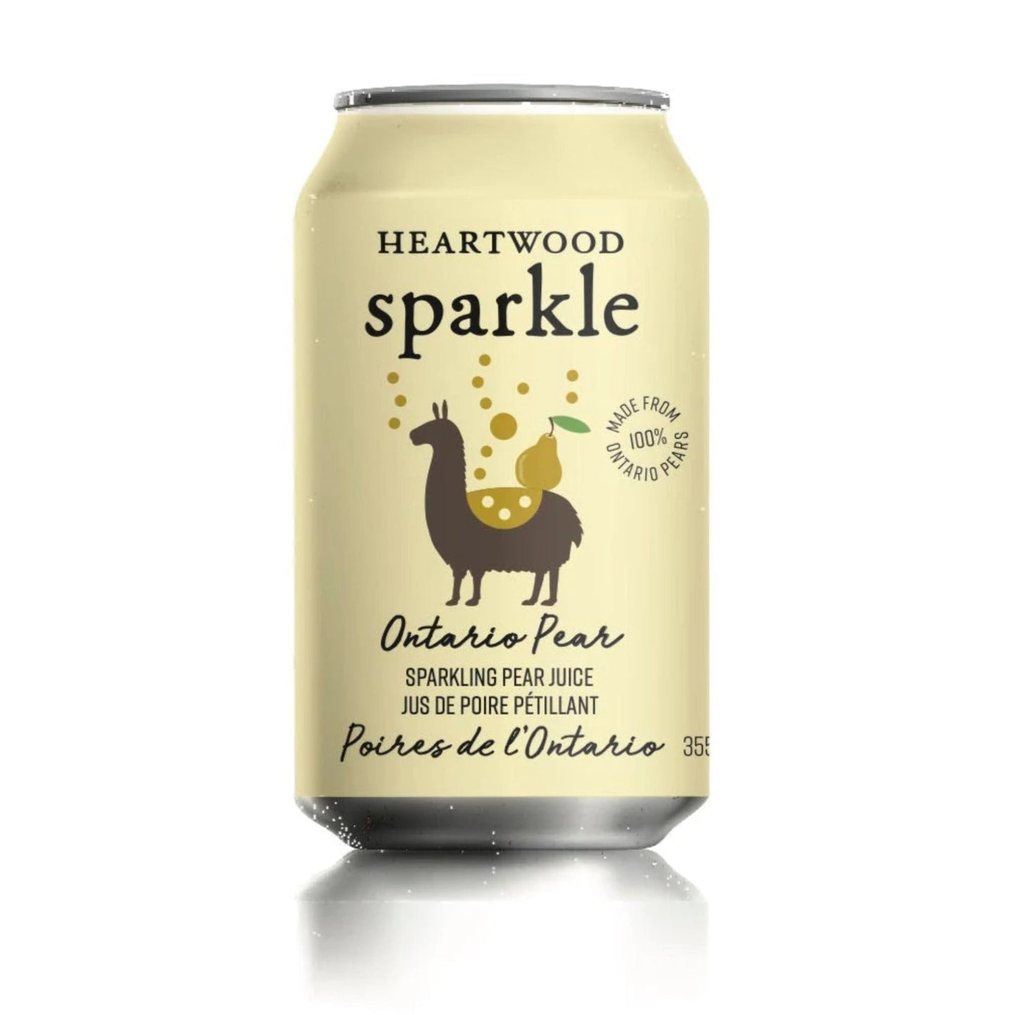 A pale yellow aluminum can labeled “HEARTWOOD Sparkle Ontario Pear” is centered on a plain white background. The design is clean and minimal, featuring black text and a simple illustration. Yellow bubbles rise above a dark llama wearing a spotted blanket, balancing a pear with a green leaf. A circular stamp reads “MADE FROM 100% ONTARIO PEARS.” Lower text describes sparkling pear juice in English and French, with “355” indicating the can’s volume.
