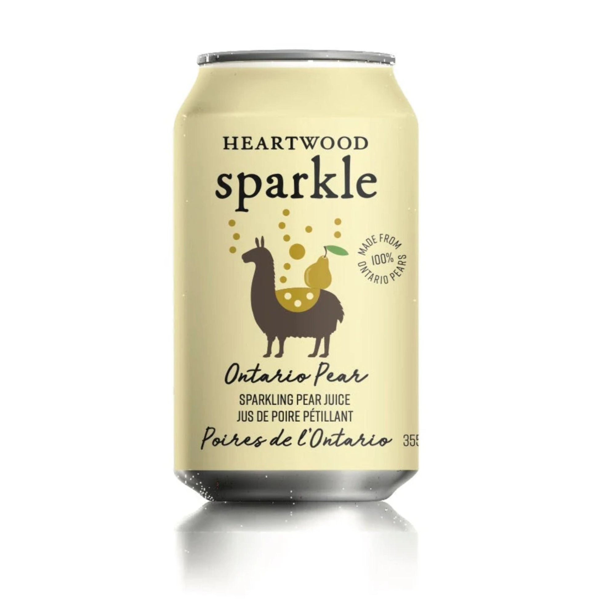 A pale yellow aluminum can labeled “HEARTWOOD Sparkle Ontario Pear” is centered on a plain white background. The design is clean and minimal, featuring black text and a simple illustration. Yellow bubbles rise above a dark llama wearing a spotted blanket, balancing a pear with a green leaf. A circular stamp reads “MADE FROM 100% ONTARIO PEARS.” Lower text describes sparkling pear juice in English and French, with “355” indicating the can’s volume.
