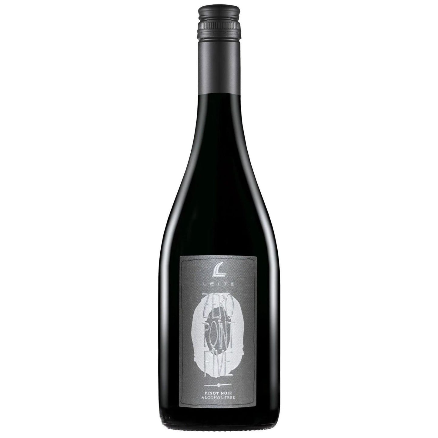 A 750ml bottle of Leitz Zero Point Five Non-Alcoholic Pinot Noir from Germany. The wine bottle features a sleek, dark glass design and a matte black screw cap. The sophisticated gray label, marked with 'L' logo, prominently displays the abstract white 'ZERO POINT FIVE' graphic, with the text 'PINOT NOIR' and 'ALCOHOL-FREE' below. This premium de-alcoholized red wine offers notes of cherry and red currant and is a popular, high-quality non-alcoholic alternative.
Available at Knyota Non Alcoholic Drink Ottawa