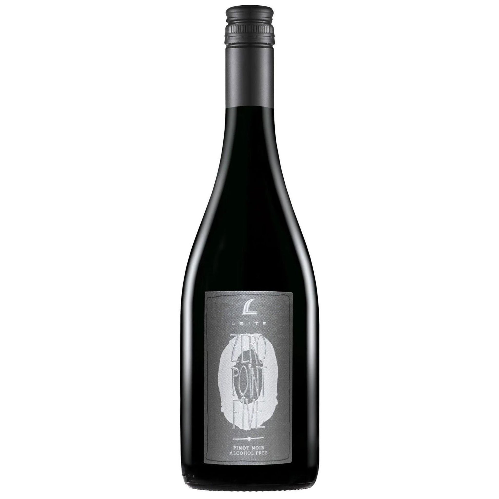 A 750ml bottle of Leitz Zero Point Five Non-Alcoholic Pinot Noir from Germany. The wine bottle features a sleek, dark glass design and a matte black screw cap. The sophisticated gray label, marked with 'L' logo, prominently displays the abstract white 'ZERO POINT FIVE' graphic, with the text 'PINOT NOIR' and 'ALCOHOL-FREE' below. This premium de-alcoholized red wine offers notes of cherry and red currant and is a popular, high-quality non-alcoholic alternative.
Available at Knyota Non Alcoholic Drink Ottawa