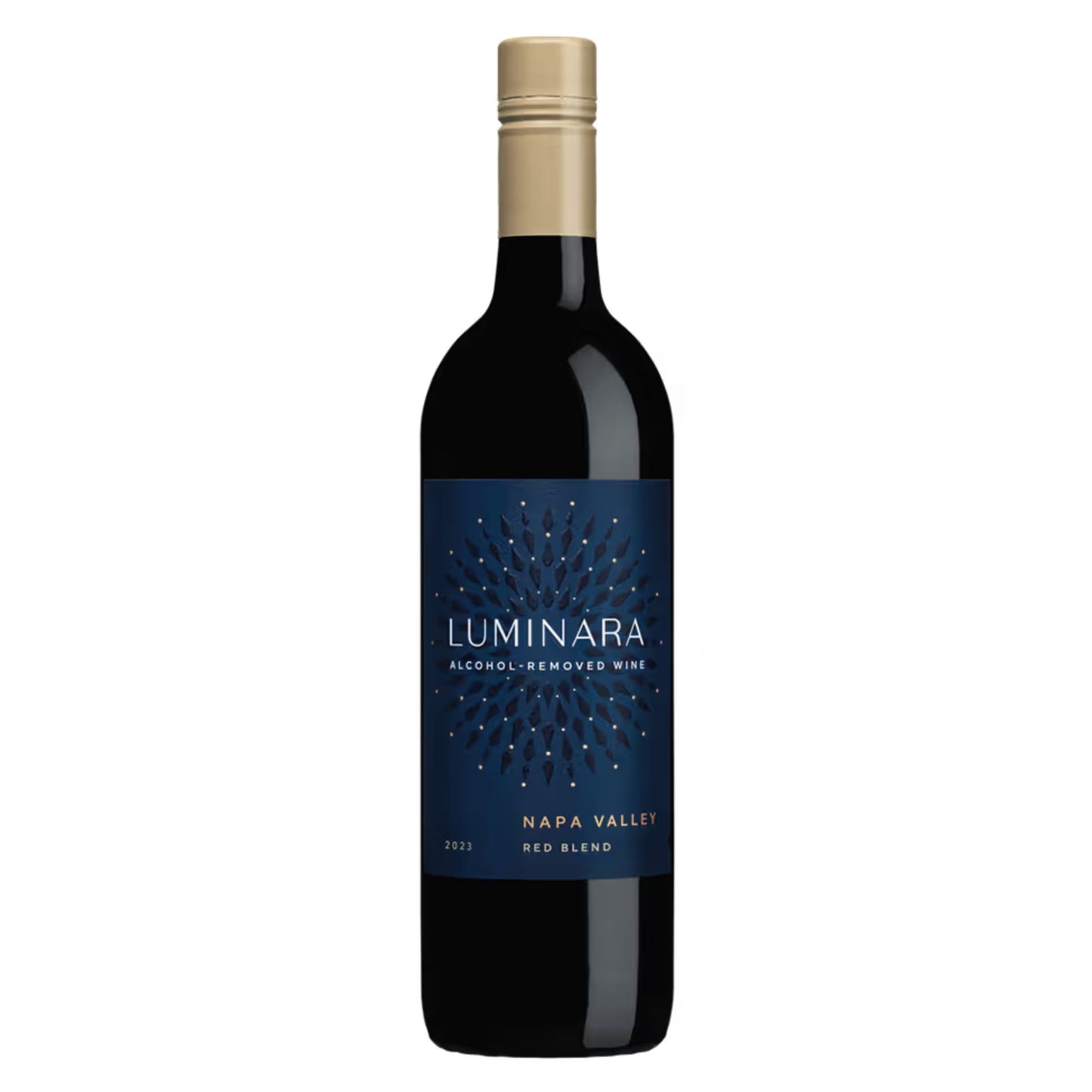 A high-resolution product photo of the 2023 Luminara Alcohol-Removed Red Blend from Napa Valley. The premium dark glass wine bottle features a striking, textured navy blue label with a mesmerizing golden, starburst-like pattern. The neck is sealed with a luxurious gold foil screw cap. This image visually markets a top-rated, non-alcoholic red wine option for consumers seeking sophisticated zero-proof beverages.
Available at Knyota Drink in Ottawa.