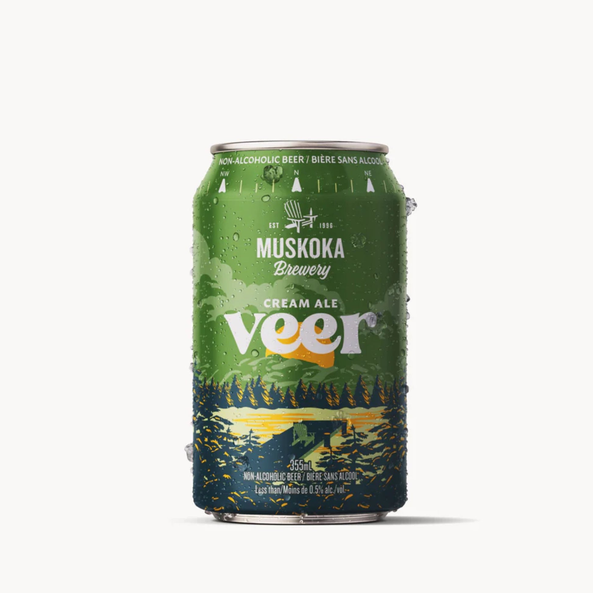 Green can of Muskoka Brewery Veer Cream Ale on a white background. Non-Alcoholic Beer.