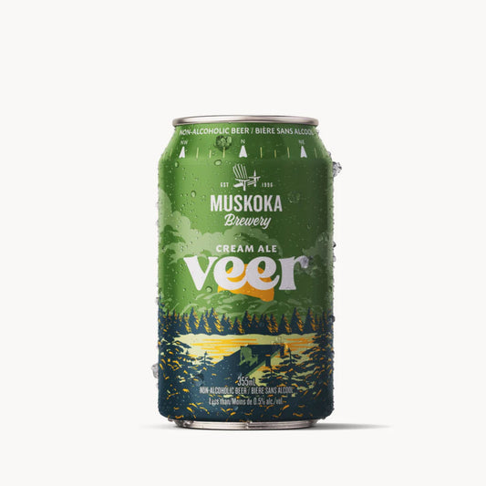 Green can of Muskoka Brewery Veer Cream Ale on a white background. Non-Alcoholic Beer.