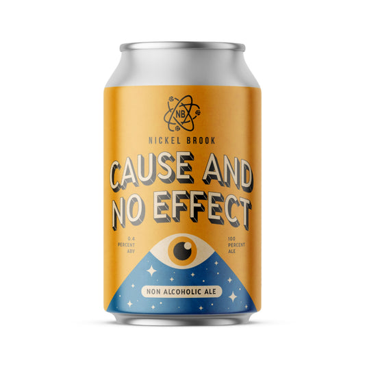 A bright orange beverage can with a blue and white patterned bottom. The top features a "NB" logo with an atom symbol and "NICKEL BROOK" below. The phrase "CAUSE AND NO EFFECT" is prominently displayed in bold black letters. Towards the bottom, there's a large eye graphic in blue and yellow. Text on the can indicates "0.4 PERCENT ABV" and "100 PERCENT ALE", along with "NON ALCOHOLIC ALE". The background is white.