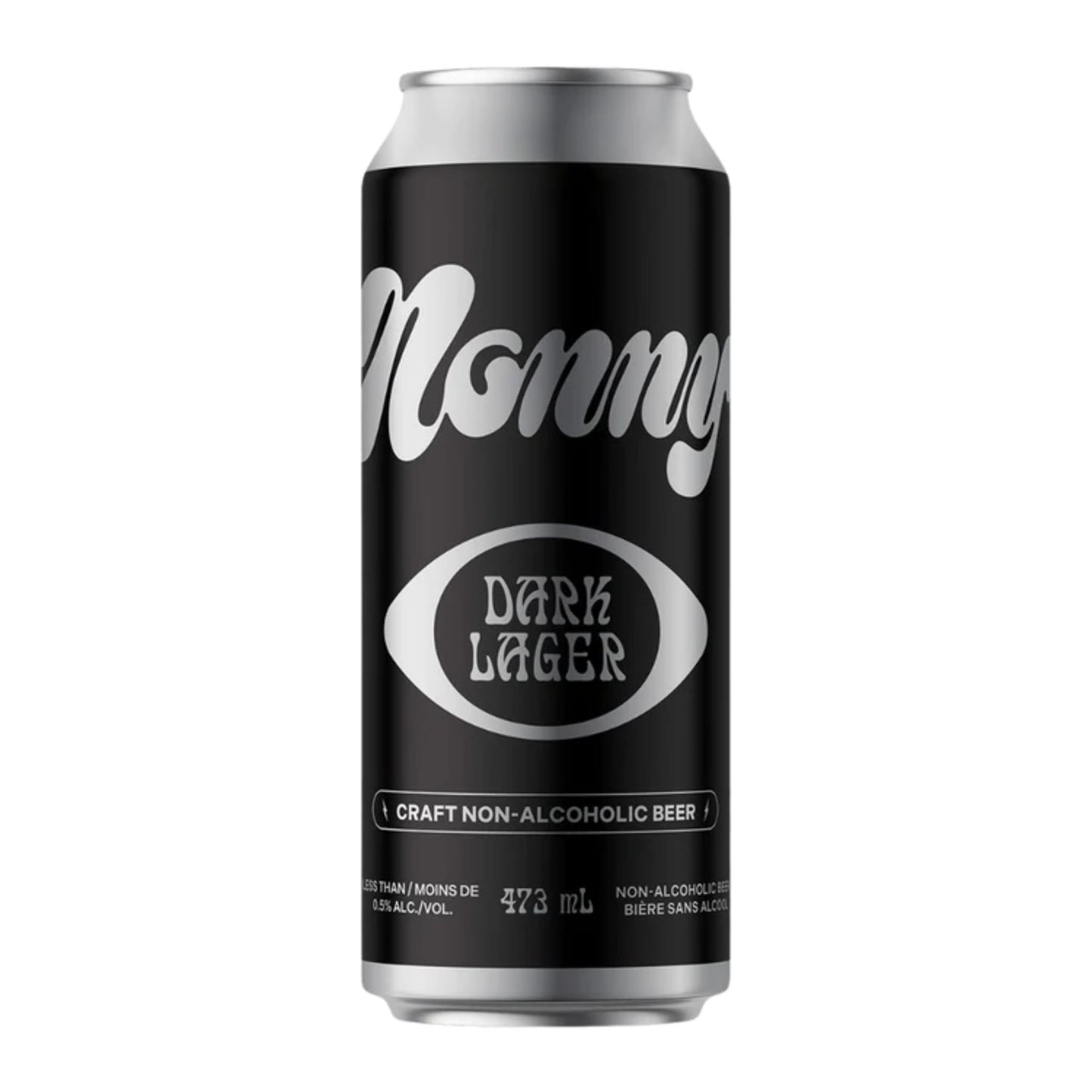 A sleek matte black 473ml tall boy can of Nonny Non-Alcoholic Dark Lager, proudly brewed in Vancouver, Canada. The premium packaging features retro silver cursive branding and 'Dark Lager' written in a gothic font within a silver oval. This Canadian craft non-alcoholic beer contains less than 0.5% alcohol by volume and displays the French text 'bière sans alcool' near the bottom.