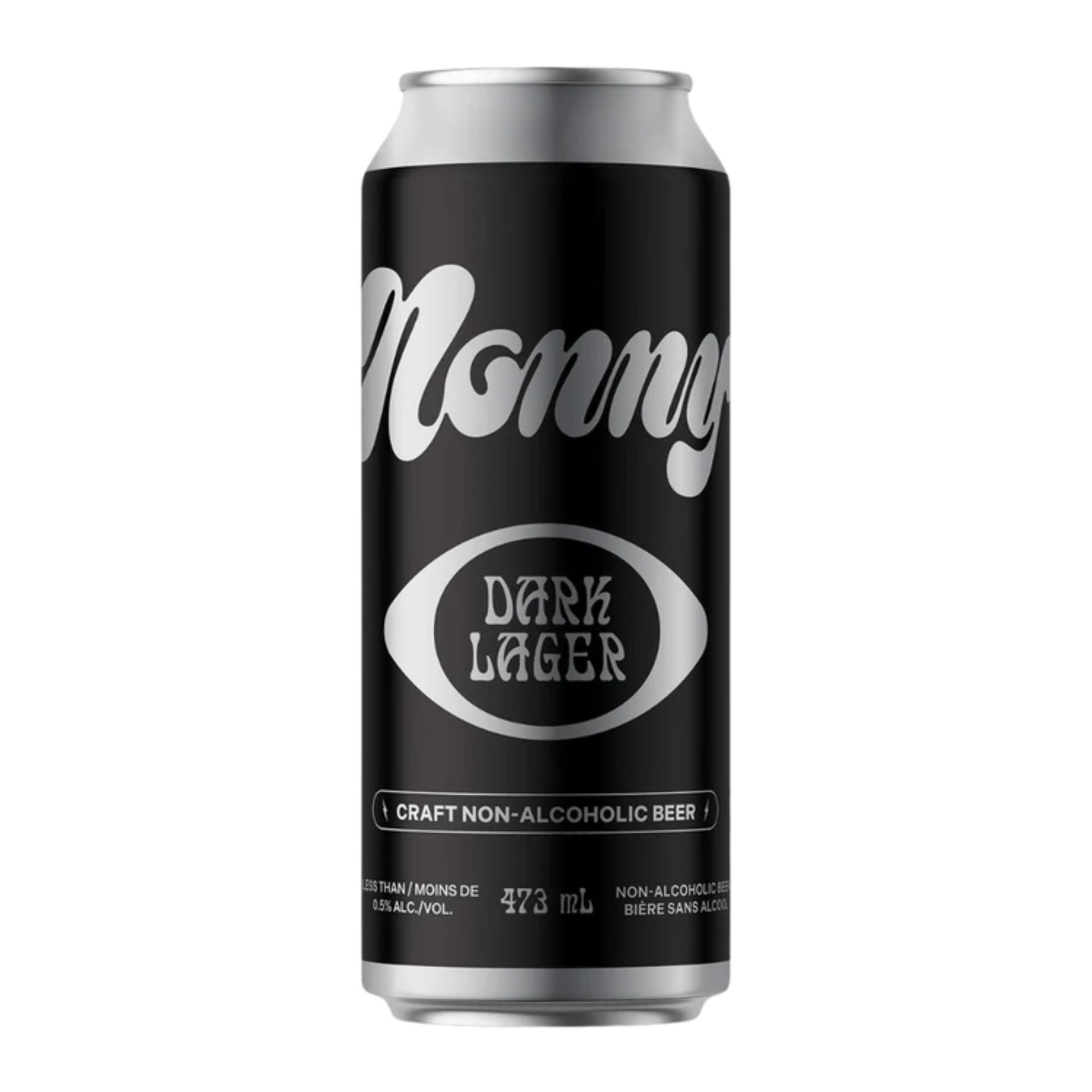 A sleek matte black 473ml tall boy can of Nonny Non-Alcoholic Dark Lager, proudly brewed in Vancouver, Canada. The premium packaging features retro silver cursive branding and 'Dark Lager' written in a gothic font within a silver oval. This Canadian craft non-alcoholic beer contains less than 0.5% alcohol by volume and displays the French text 'bière sans alcool' near the bottom.