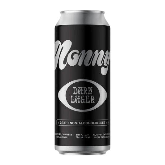 A sleek matte black 473ml tall boy can of Nonny Non-Alcoholic Dark Lager, proudly brewed in Vancouver, Canada. The premium packaging features retro silver cursive branding and 'Dark Lager' written in a gothic font within a silver oval. This Canadian craft non-alcoholic beer contains less than 0.5% alcohol by volume and displays the French text 'bière sans alcool' near the bottom.