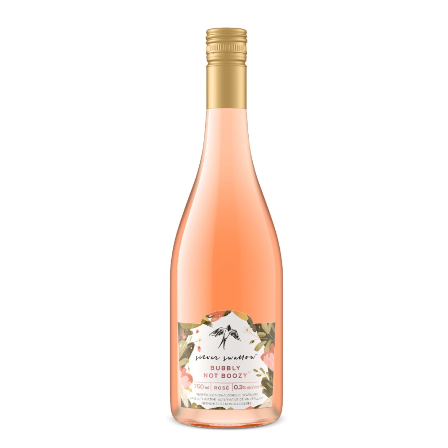 A 750ml bottle of Silver Swallow Bubbly Not Boozy, a fermented non-alcoholic sparkling rosé wine. The bottle is clear with a gold-colored label featuring the Silver Swallow logo and text. The label also states that it is an "alternative to wine" and has 0.3% alcohol by volume.