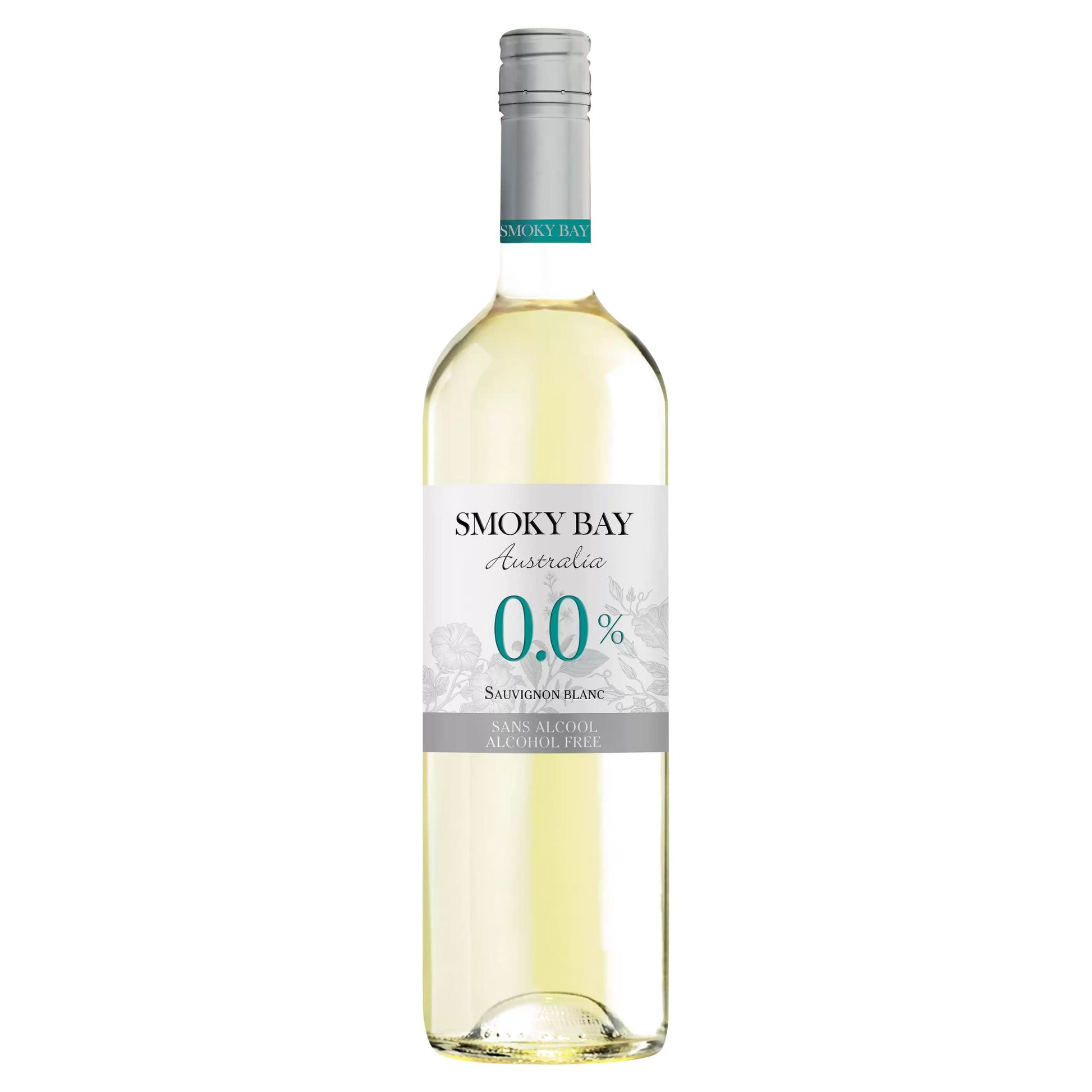A front-facing view of a Smoky Bay 0.0% Sauvignon Blanc bottle, showing the light-colored non-alcoholic wine, a silver cap, and a white label with the brand name, "0.0%", Sauvignon Blanc grape varietal, and "alcohol-free" designation.