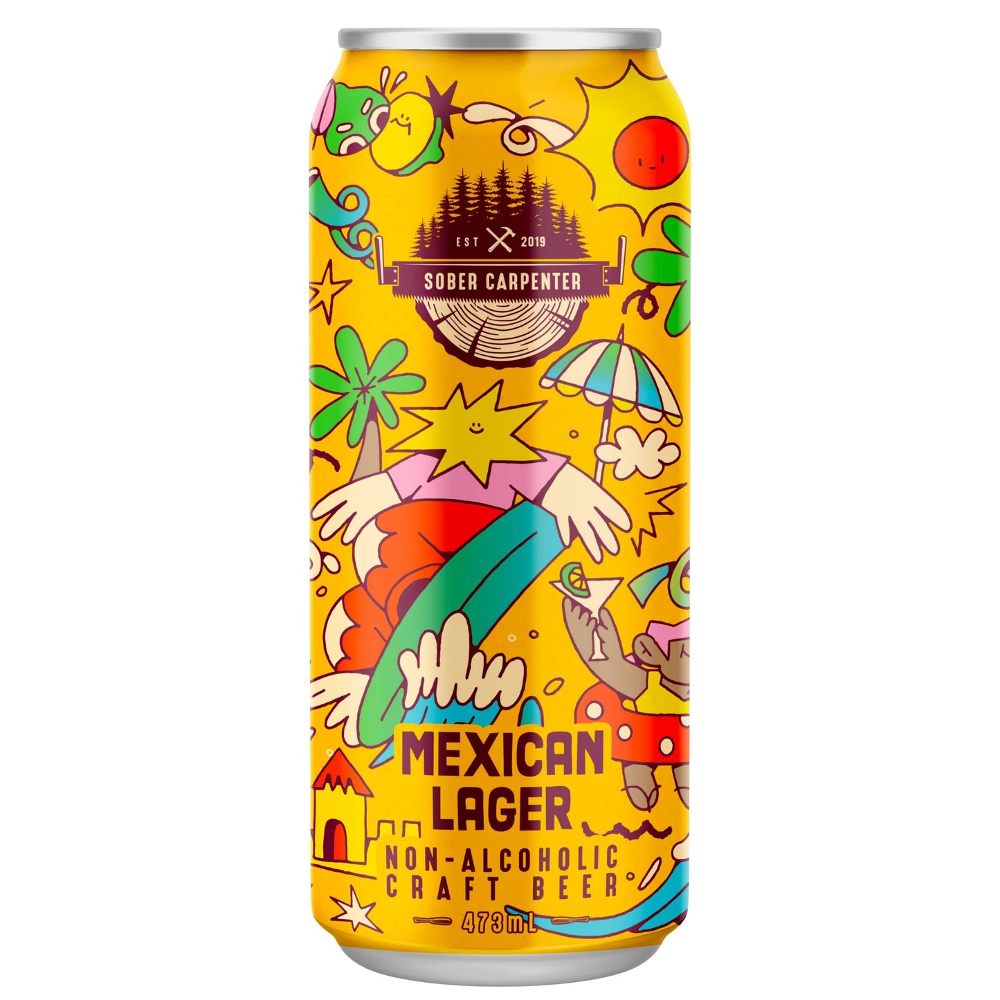 A vibrant yellow can of Sober Carpenter Mexican Lager with a colorful, cartoon-style illustration. The illustration depicts a beach scene with a person holding a surfboard, an umbrella, and various abstract shapes and figures. "SOBER CARPENTER" is written on a banner at the top, along with "EST. 2019". The bottom of the can reads "MEXICAN LAGER," "NON-ALCOHOLIC CRAFT BEER," and "473ml". The background is a solid white.