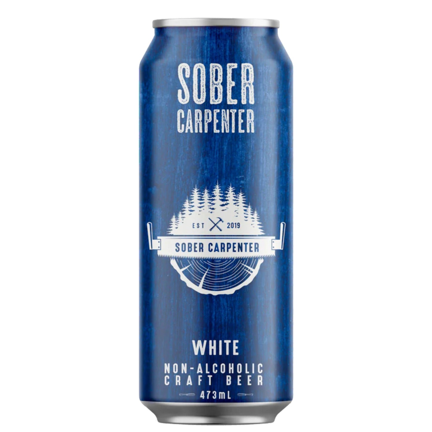 Sober Carpenter White Belgian Style. Available for sale at knyota.com.

A single tall 473ml can of Sober Carpenter White (Wheat Beer) non-alcoholic craft beer. The can is a deep royal blue color with a vertical woodgrain texture. The white label text and logo are centered, featuring the name "SOBER CARPENTER" and the standard graphic of a forest over a saw blade and woodcut. The product is clearly identified as "WHITE NON-ALCOHOLIC CRAFT BEER." Proudly crafted in Quebec.
